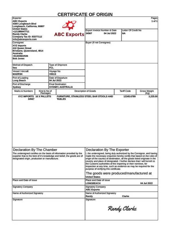 Format of Certificate of Origin