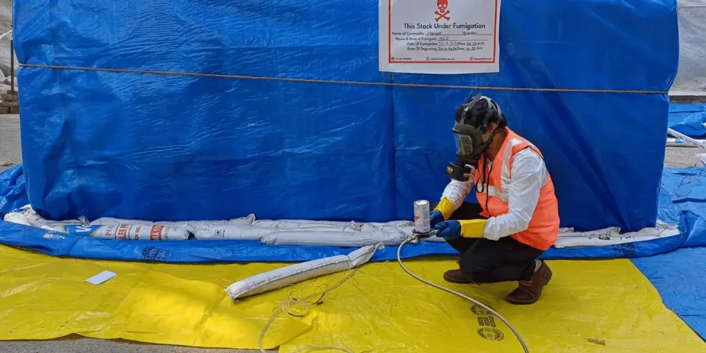 A fumigation operator doing a fumigation in under cover agriculture commodity 